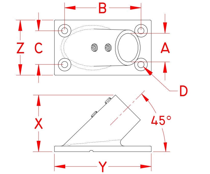 Stainless Steel Rectangular Base - 45 Degree Angle, Railing and Bimini, S3651-0450, S3651-0451, Line Drawing